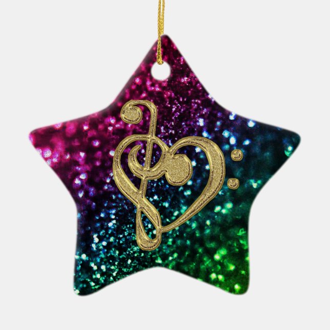 Sparkling Coloured Stars with Music Symbols Ceramic Ornament (Front)