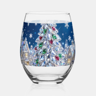 Sparkling Crystal Christmas Tree Winter Village Stemless Wine Glass