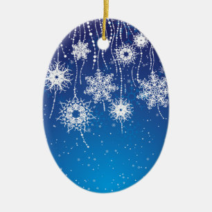 Sparkling Dangling Snowflakes on Blue Ceramic Ornament