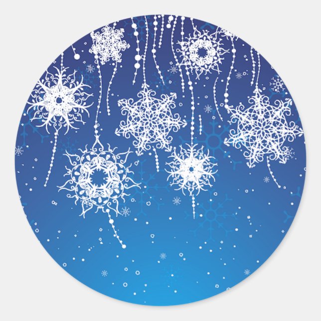 Sparkling Dangling Snowflakes on Blue Classic Round Sticker (Front)