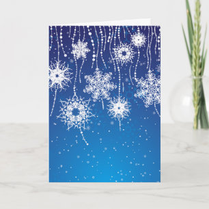 Sparkling Dangling Snowflakes on Blue Holiday Card