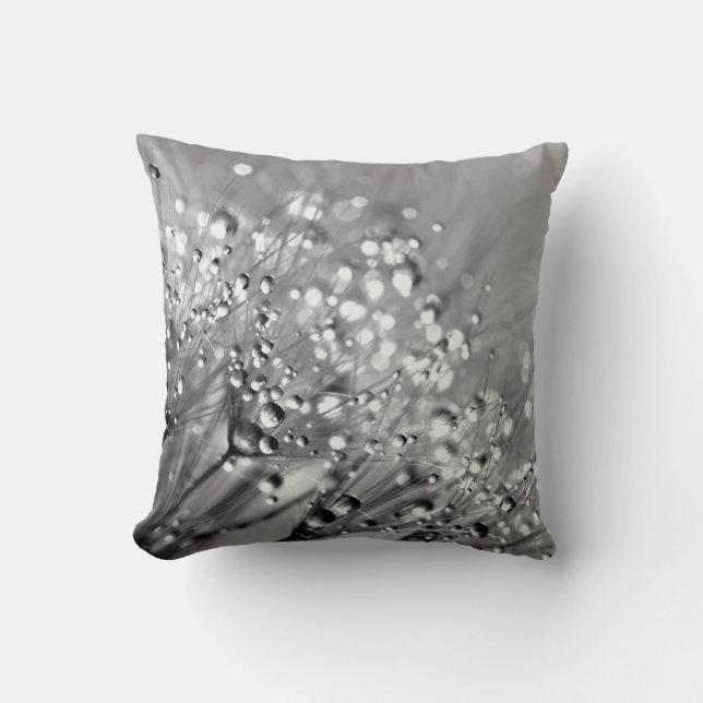 Sparkling Dew Silver Grey Background Dandelion Throw Pillow (Front)