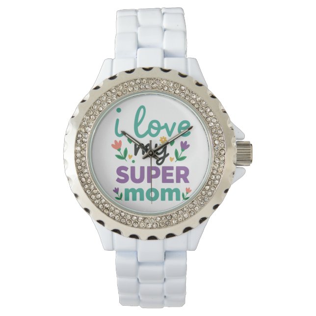 Sparkling Diamond Bezel Super Mom White Link Watch (Front)