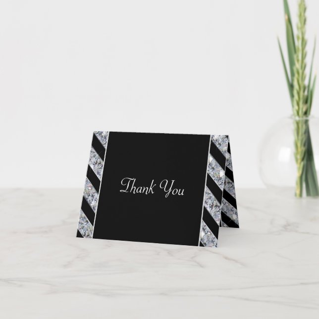 Sparkling Diamond & Black Stripes Wedding Thank You Card (Front)