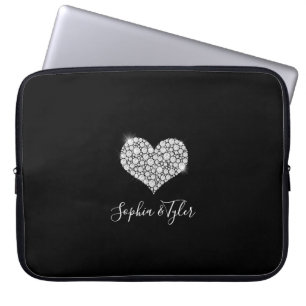 Sparkling Diamond Heart, White Script Names, Black Laptop Sleeve