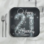 Sparkling Diamond Number on Black 21st Birthday Paper Plate<br><div class="desc">This sleek 21st birthday paper plate features a bold, shimmering “21” with a diamond-like texture, set against a rich, dark background for a touch of elegance. The graceful “Happy Birthday” script enhances the festive feel, while the name section is fully customizable—making it a unique and personal addition to any celebration....</div>