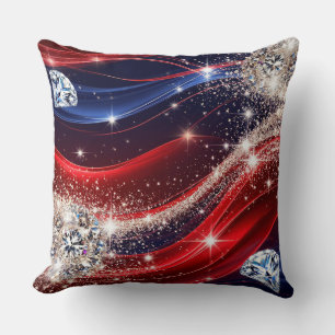 Sparkling Diamonds and Glittering Red Blue Waves Throw Pillow