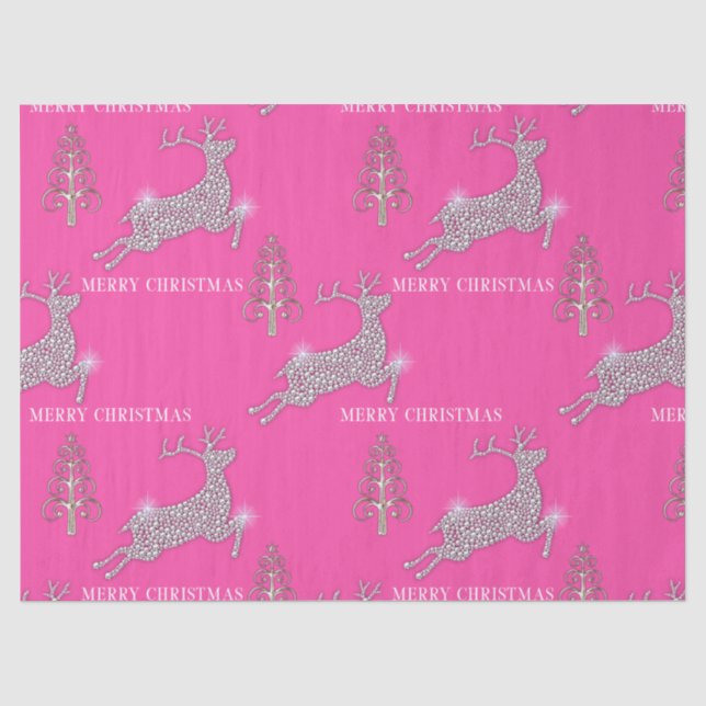 Sparkling Diamonds Reindeer on Pink Christmas Tissue Paper (Front)