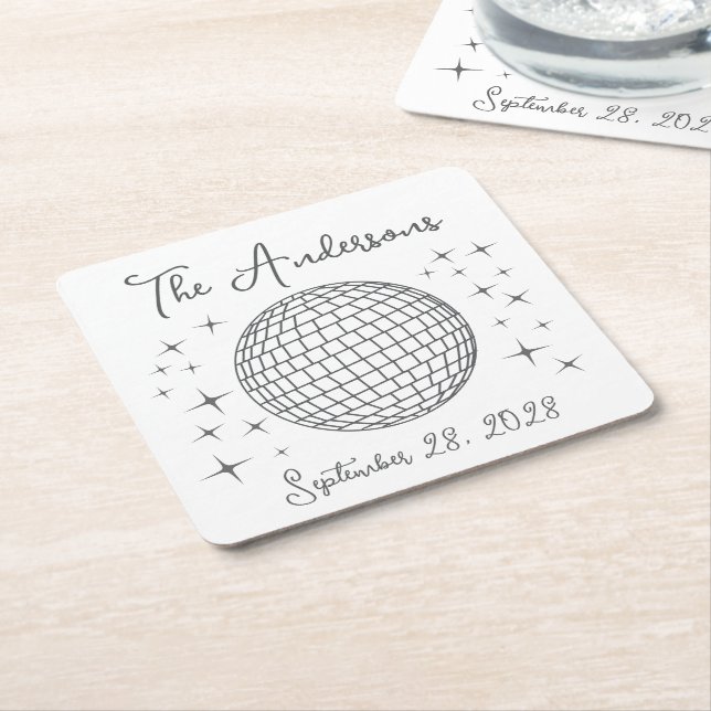 Sparkling Disco Ball Personalized Wedding Square Paper Coaster (Angled)