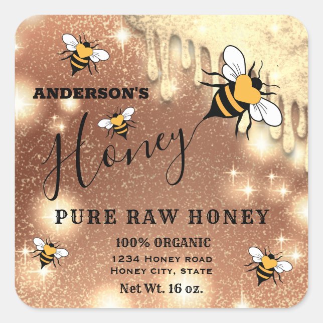 Sparkling drips Bee script honey jar label (Front)