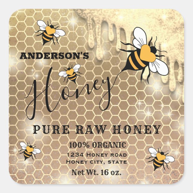 Sparkling drips Bee script honey jar label (Front)
