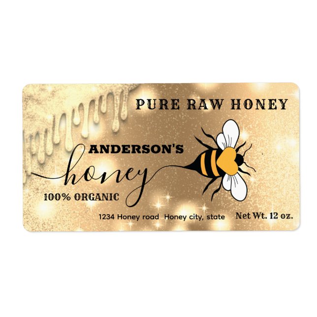 Sparkling drips Bee script honey jar label (Front)