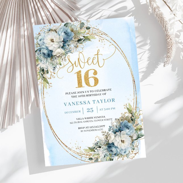 Sparkling Dusty Blue Greenery Sweet Sixteen Invite (Sparkling Dusty Blue Greenery Sweet Sixteen Invite Design)