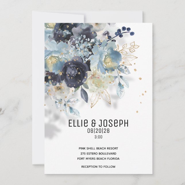 Sparkling Dusty Blue & Plum Wedding Invitation (Front)