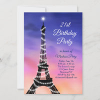 Sparkling Eiffel Tower Sunset 21st Birthday Invite