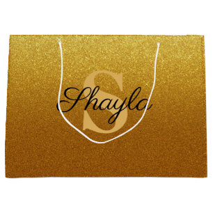 Sparkling Faux Gold Glitter Monogrammed Large Gift Bag