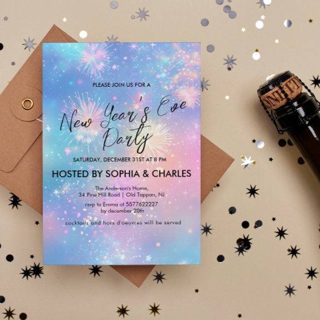 Sparkling Fireworks Blue New Year's Eve Party Invitation (Creator Uploaded)