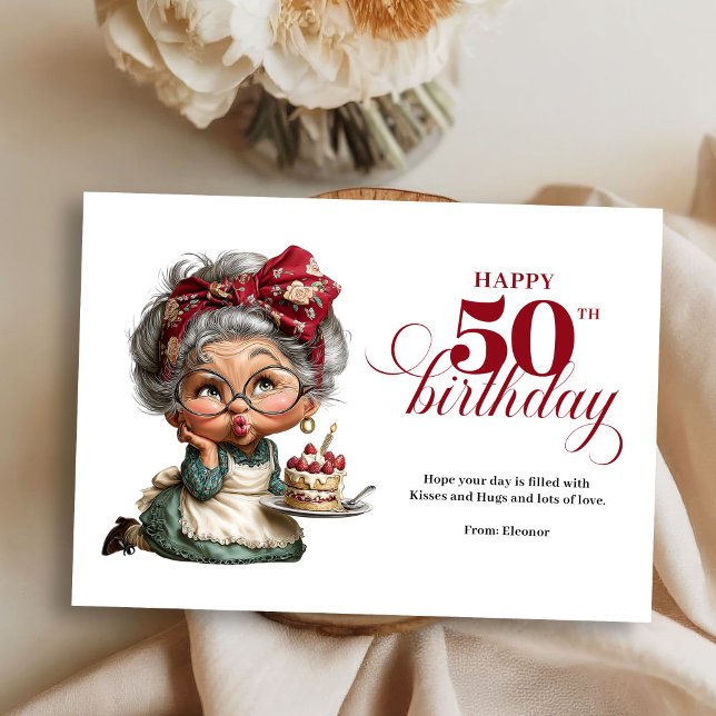 Sparkling Funny 50th Quirky Birthday Lady Card (funny 50th birthday, 
trendy colors burgundy red, 
greeting card,
whimsical humor,
quirky, 
personal)
