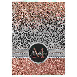 Sparkling Girly Rose Gold Glitter Leopard Monogram Clipboard