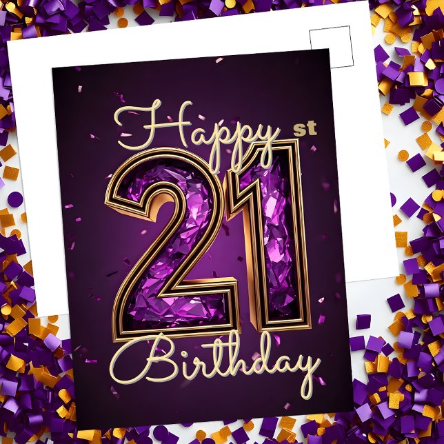 Sparkling Glam Purple and Gold 21st Birthday Postcard (Creator Uploaded)