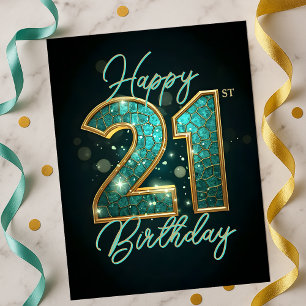 Sparkling Glamourous Teal Gold Black 21st Birthday Postcard