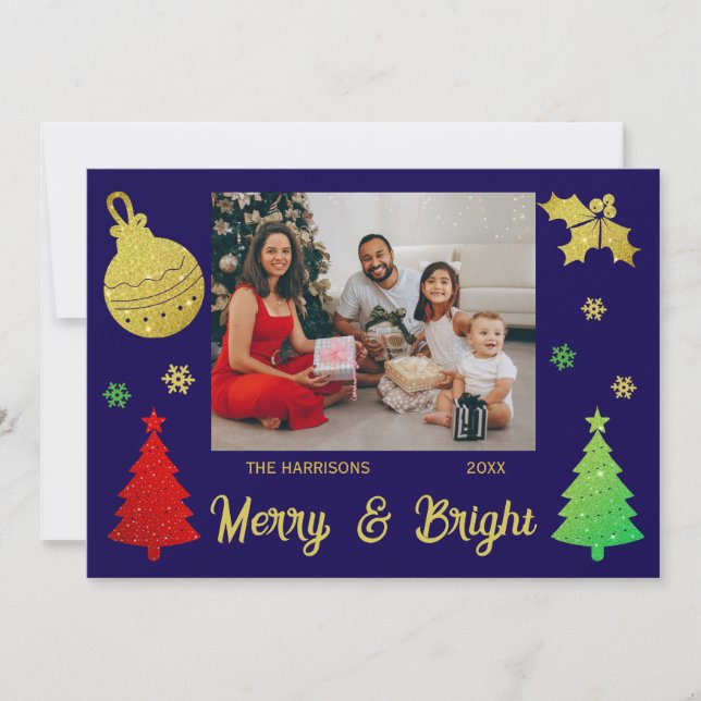 Sparkling Glitter Christmas Tree Jolly Leaf Photo Holiday Card (Front)