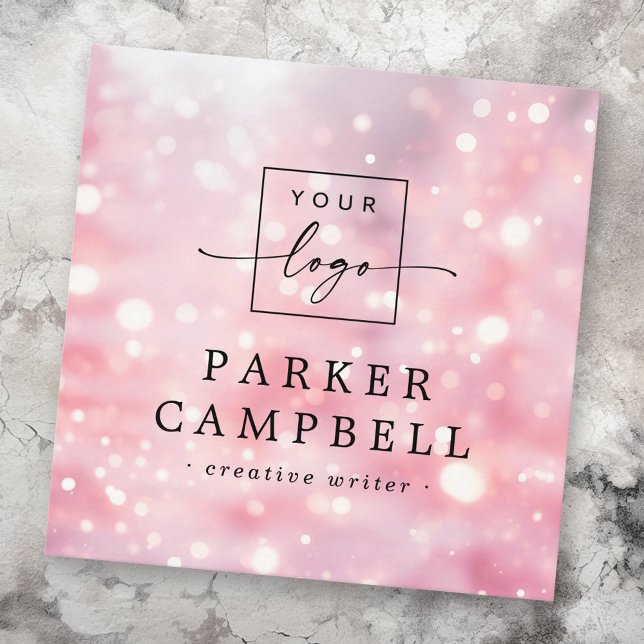 Sparkling glitter lights pink logo chic square business card (Sparkling glitter lights pink logo chic square business card)