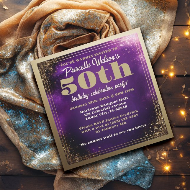 Sparkling Glitter Purple and Gold Birthday Party  Invitation (Purple and Gold 50th Birthday Party Invitations)