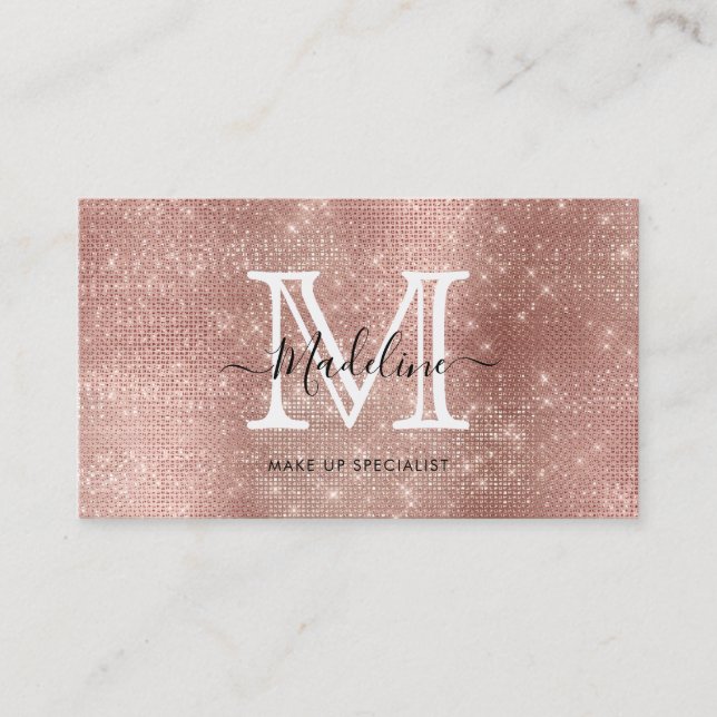 Sparkling Glitter Rose Gold Diamond Monogram Business Card (Front)