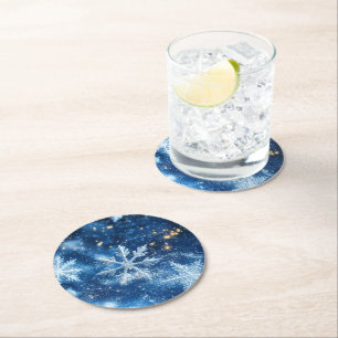 Sparkling Glitter Snowflakes Winter Christmas Round Paper Coaster