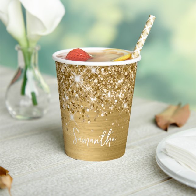 Sparkling Glittery Gold Glam Script Name Paper Cups (Insitu)