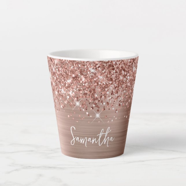 Sparkling Glittery Rose Gold Glam Name Latte Mug (Front)