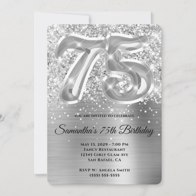 Sparkling Glittery Silver Glam 75th Birthday Invitation (Front)