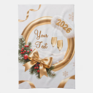 Sparkling gold and champagne new year 2026 holiday kitchen towel