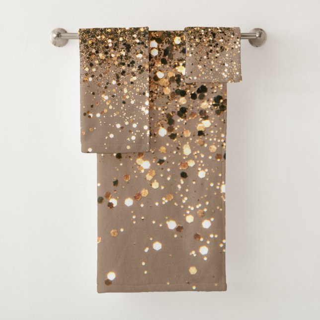 Sparkling Gold Brown Glitter Glam #1 Faux Glitter Bath Towel Set (Insitu)