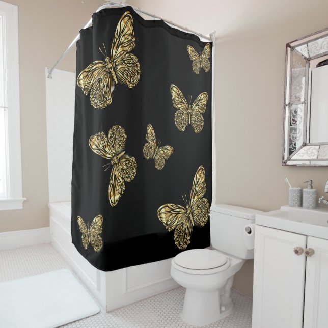 Sparkling gold butterflies at black Shower Curtain (In Situ)