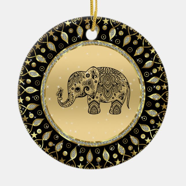 Sparkling gold frame black floral elephant ceramic ornament (Front)