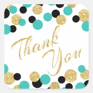 Sparkling Gold Glitter and Teal Confetti Thank You Square Sticker