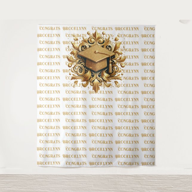 Sparkling Gold Glitter Graduation Step and Repeat Tapestry (Front)