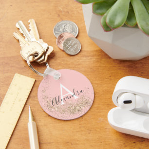 Sparkling Gold Glitter Pastel Pink Girly Unique Keychain