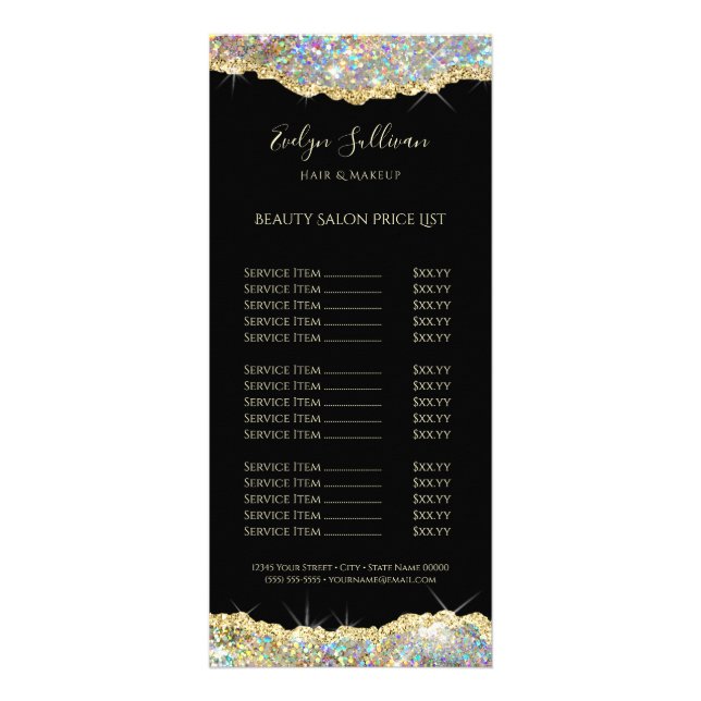 sparkling gold glitter price list rack card (Front)