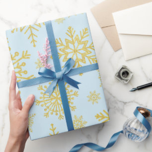 Sparkling Gold Glitter snowflakes Baby Blue Wrapping Paper