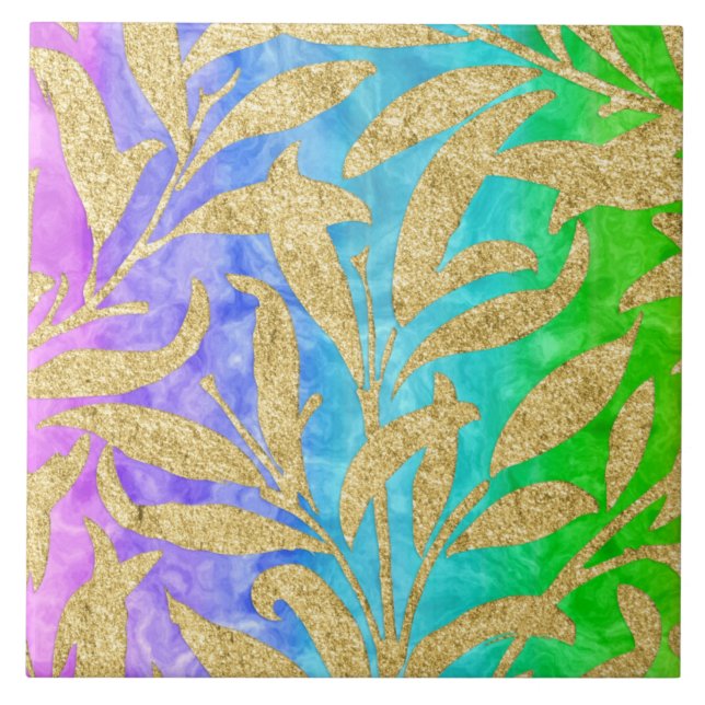Sparkling gold leaf pattern rainbow of colours tile (Front)