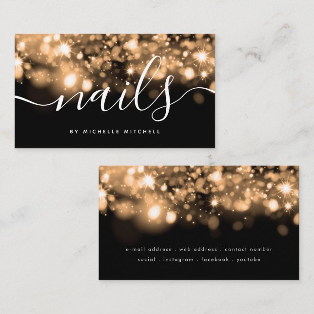 Sparkling Gold Lights Nails Technician  Business Card (Front/Back)