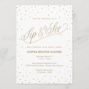 Sparkling Gold Stars Modern Sip and See Shower Invitation