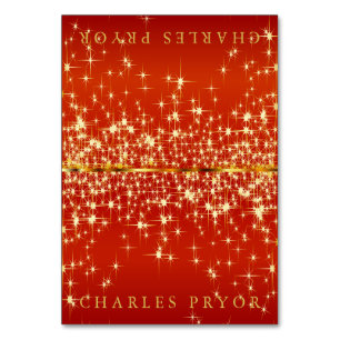 Sparkling Gold Stars on Red Satin Tent Name Cards