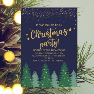 Sparkling Gold Stylish Winter Pine Tree Christmas  Invitation