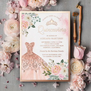 Sparkling Gown Blush Floral Quinceanera Rose Gold