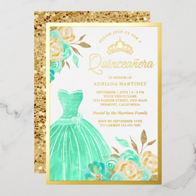 Sparkling Gown Mint Green Floral Quinceanera Gold (Front/Back)