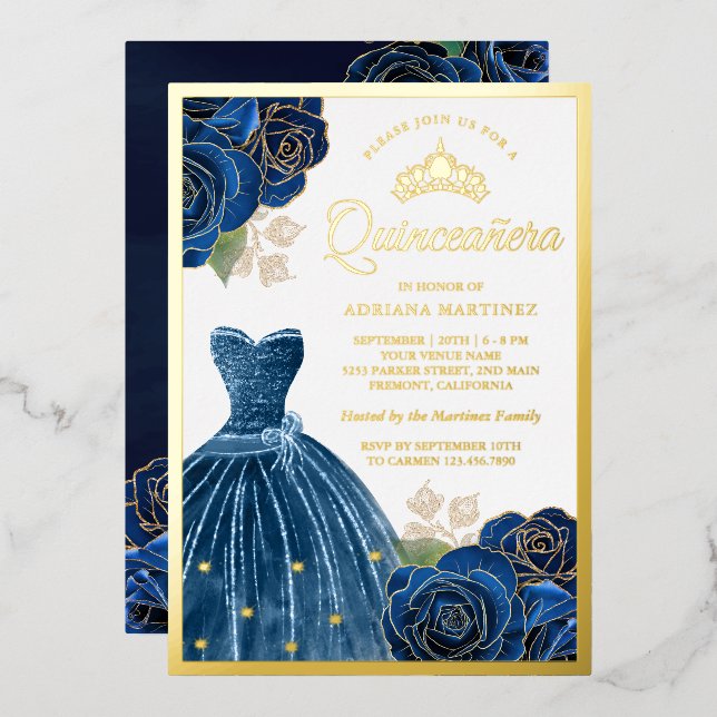 Sparkling Gown Navy Blue Roses Quinceanera Gold (Front/Back)